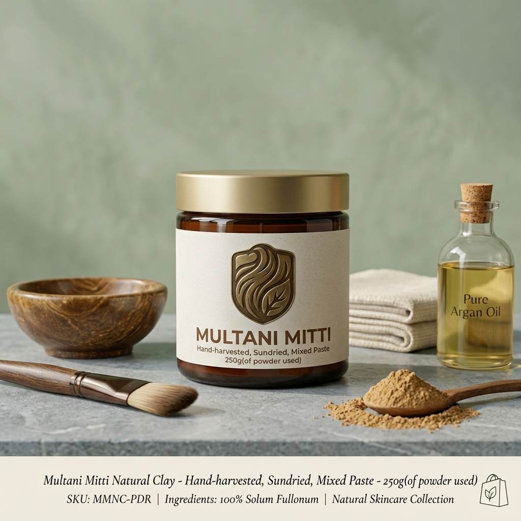 Multani Mitti natural clay paste jar with raw clay chunks and brush