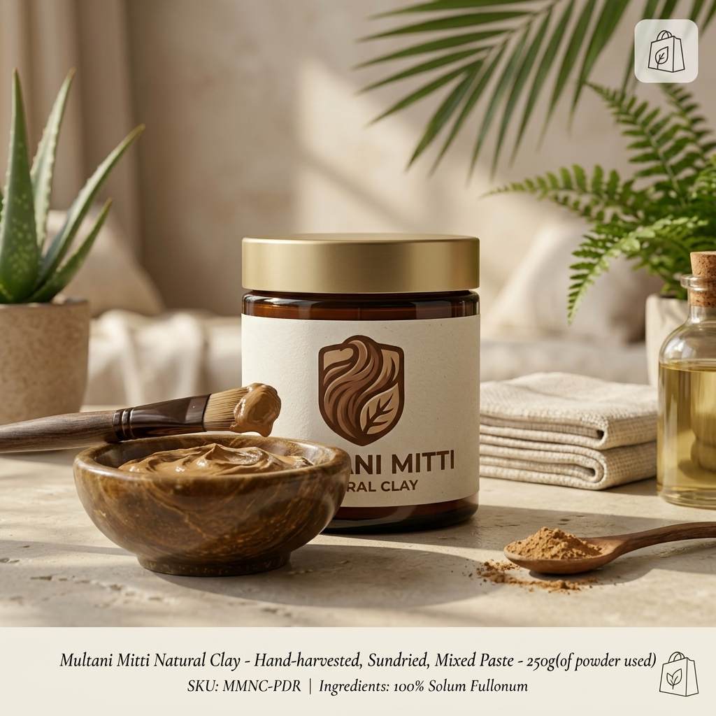 Multani Mitti natural clay powder jar with wooden bowl and face brush