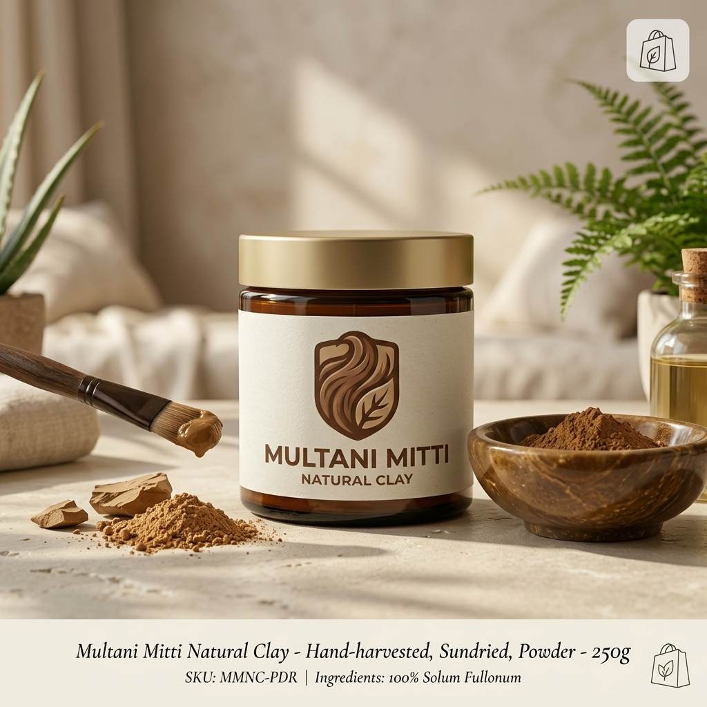 Multani Mitti natural clay paste in wooden bowl with jar and face brush